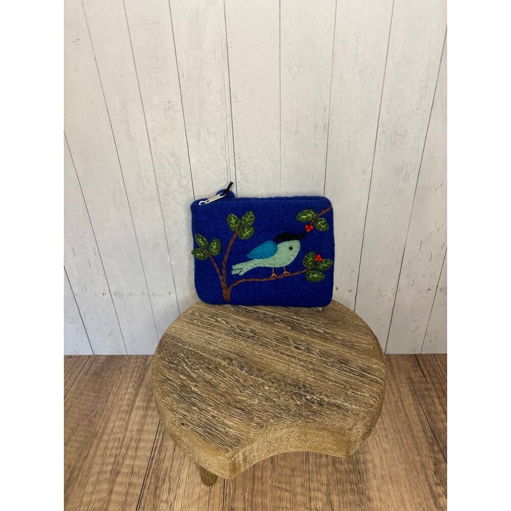 Felted Wool Coin Purse Wallet Cute Blue Bird Leaves Tree NEW! Wallets Boho